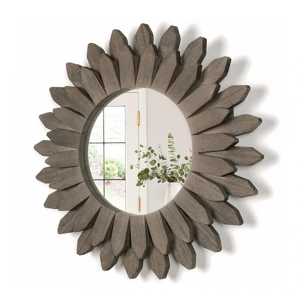 Rustic Wood Sunburst Wall Mirror Round Weathered Brown Farmhouse Decor 12
